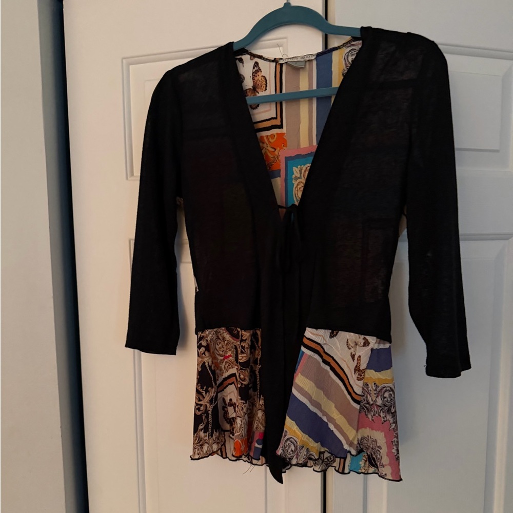 Alberto Makali Black Sheer Tie-Front Tunic with Multicolor Printed Hem small
